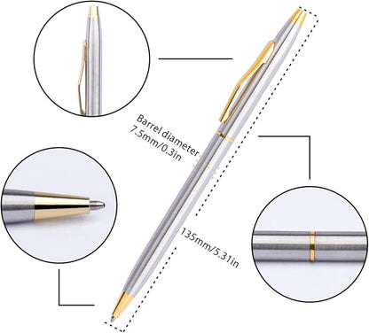 Cambond Slim Ballpoint Pens Bulk - Black Ink 1.0mm Medium Point Retractable Metal Pen for Police Uniform, Flight Attendant & Office, 10 Pack (Black Barrel)