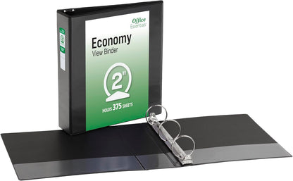 Office Essentials Economy View 3 Ring Binders, 2" Round Rings, 2.8" Spine, 375-Sheet Capacity, Black Binders (4-Pack of 03147)