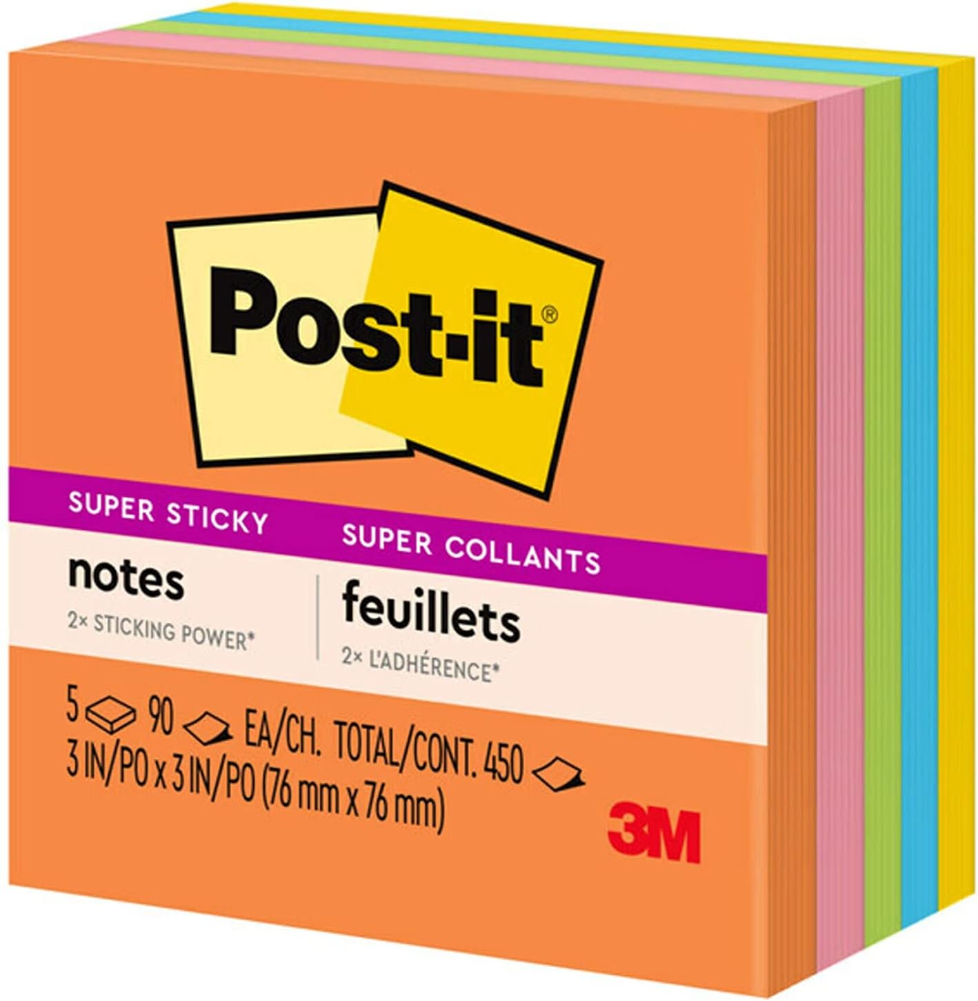 Post-it Super Sticky Notes, 5 Sticky Note Pads, 3 x 3 in., School Supplies for Students, Ideal for Textbooks, Notebooks, Walls and Vertical Surfaces, Energy Boost Collection