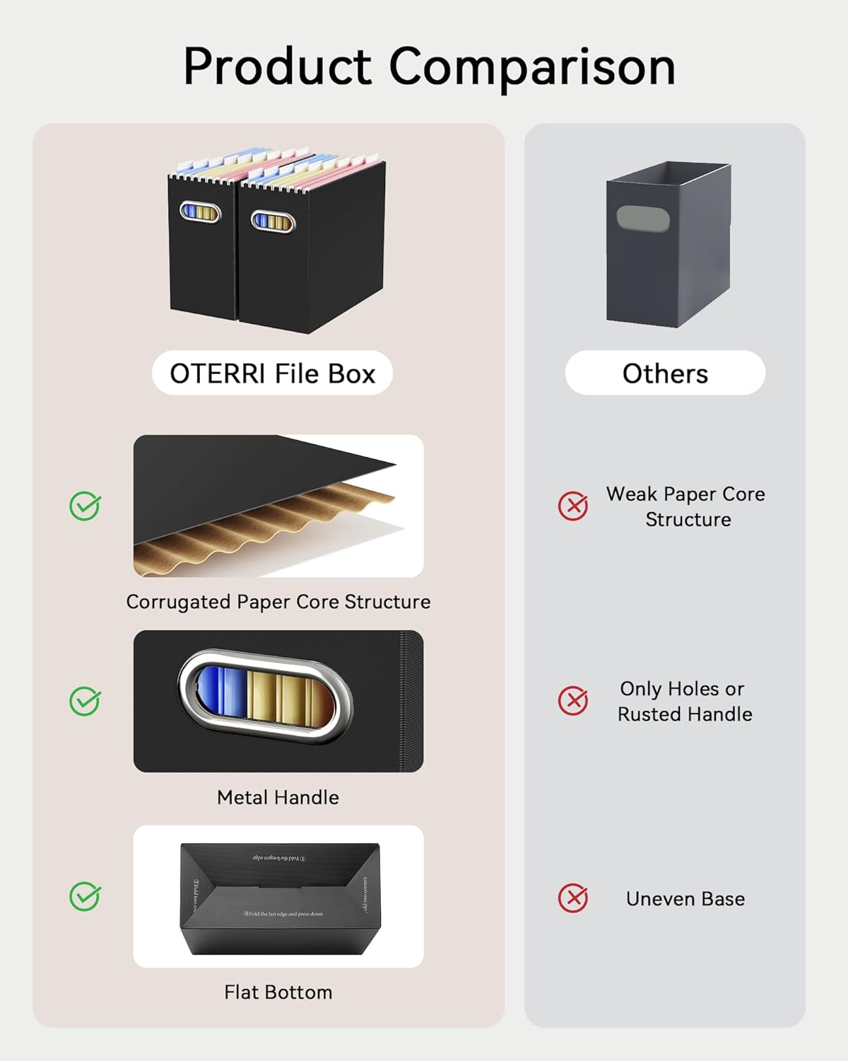 Oterri File Organizer Box, Portable Collapsible Cardboard File Folder Organizer with Handle for Letter Size Hanging Files, Document Storage Box for Home Office & Classroom (4 Packs, Black)