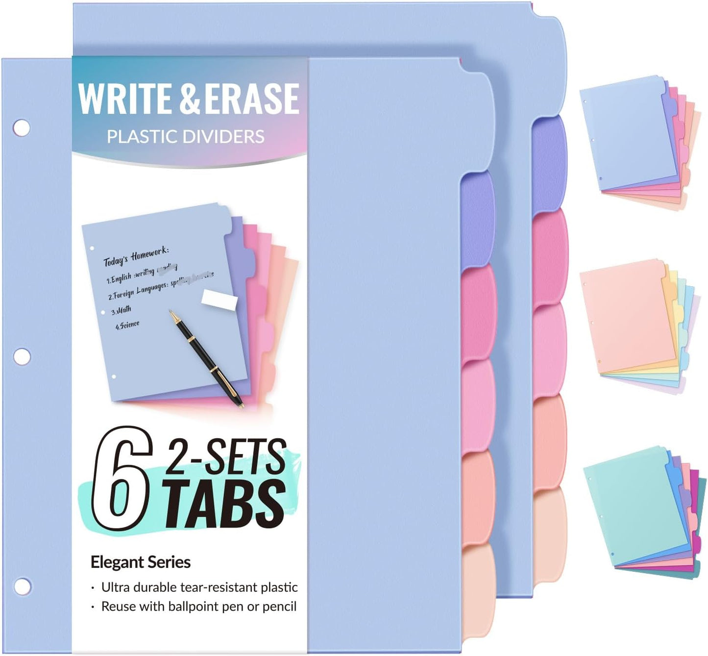 Sooez 6-Tab 3 Ring Binder dividers with tabs, Durable Plastic Write & Erase Tab Dividers for 3 Ring Binder, Aesthetic Cute Binder Dividers for Student, Teacher, Office, Home Organizers, 1 Sets