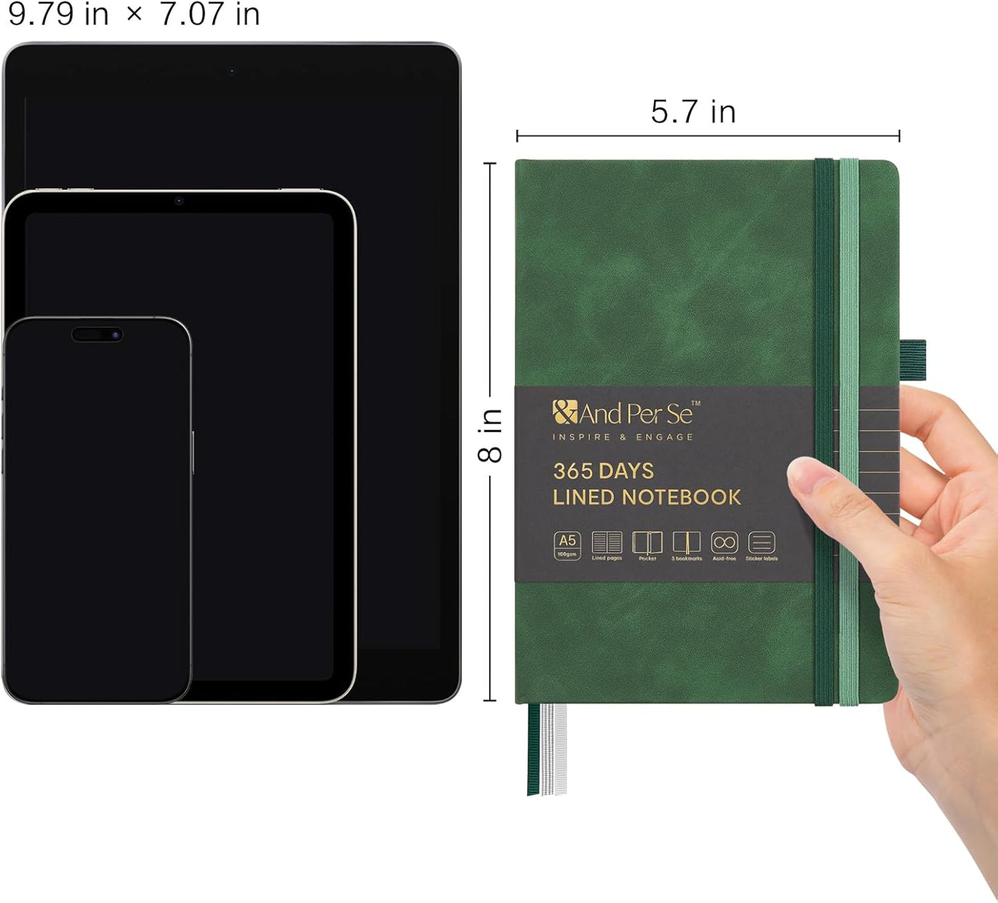 &And Per Se Lined Journal Notebook, 160 Pages, A5 5.7 x 8 inches College Ruled Thick Paper Notebook Journals for Writing, Hardcover Notebooks for Women Men Office School (1 Pack, Green) - Colors A