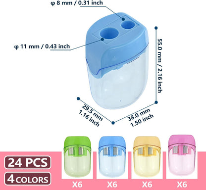 Colored Manual Pencil Sharpeners in Bulk, BOPART 24pcs Small Handheld Pencil Sharpener Dual Holes with Lid for Kids Adults at Classroom School Office Home (24Pcs Sharpeners - D)