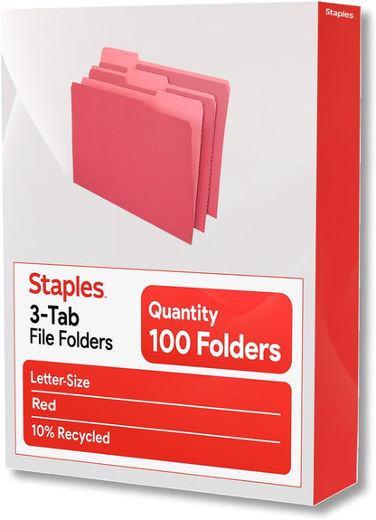 Staples File Folders, Letter Size, 1/3‑Cut Tabs, Purple, Durable 10.5‑Point Paper Stock, 100/Pack
