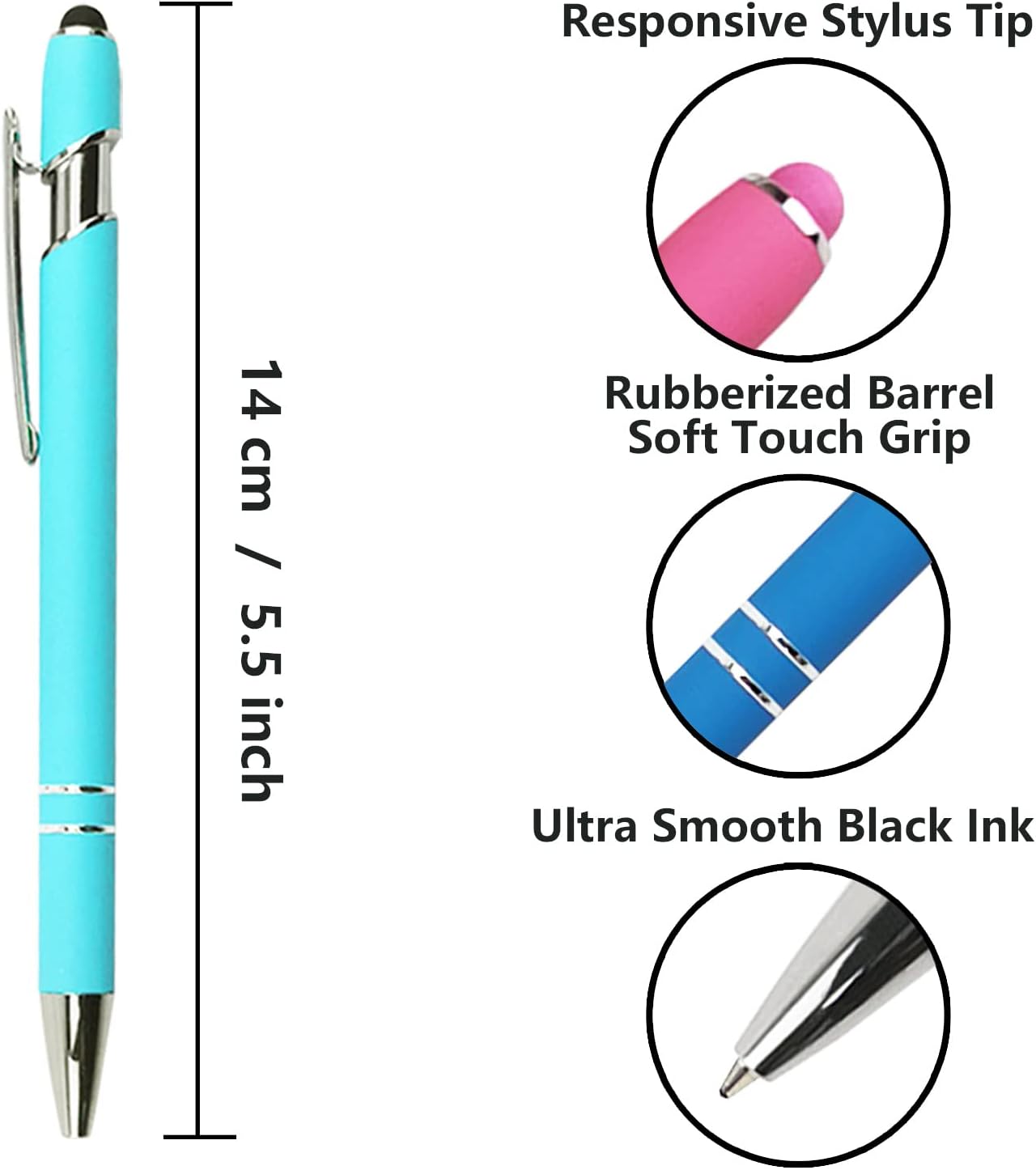 Oddmoal Ballpoint Pen with Stylus Tip, Soft Touch Click Metal Pen, 1.0mm Medium Point, Black Ink, 12 Count(Black)
