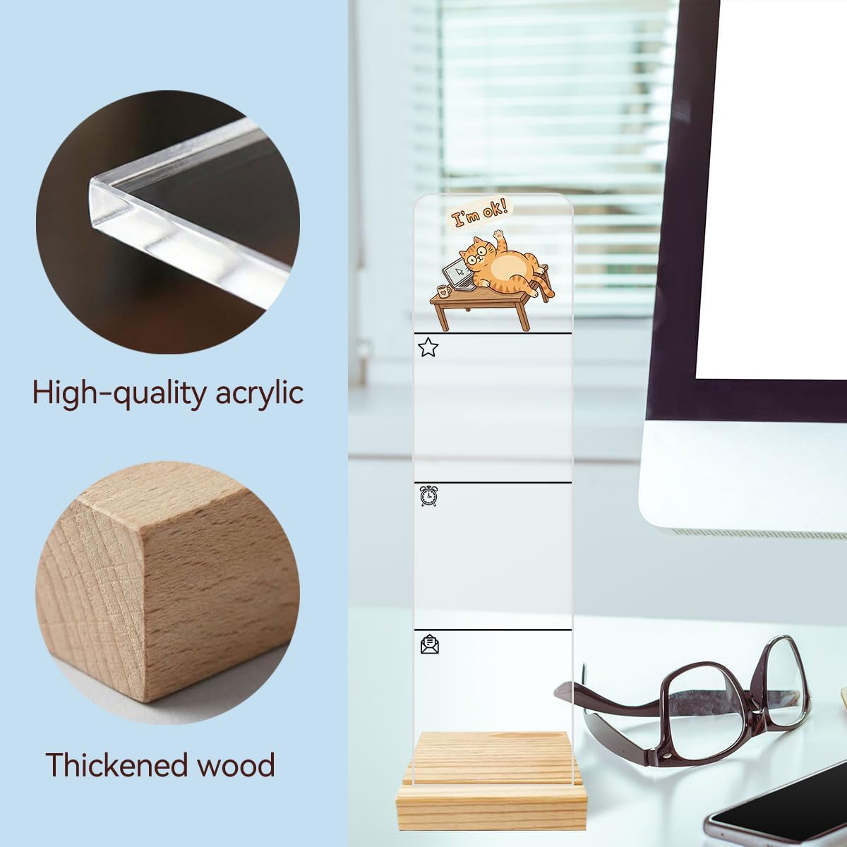 Sticky Notes Monitor Memo Board Acrylic Note Holder with Removable Wooden Base, Everything is Fine Logo Desk Set Includes 200 Sheets Two Sizes Sticky Notes, Office Desk Accessories Organizer