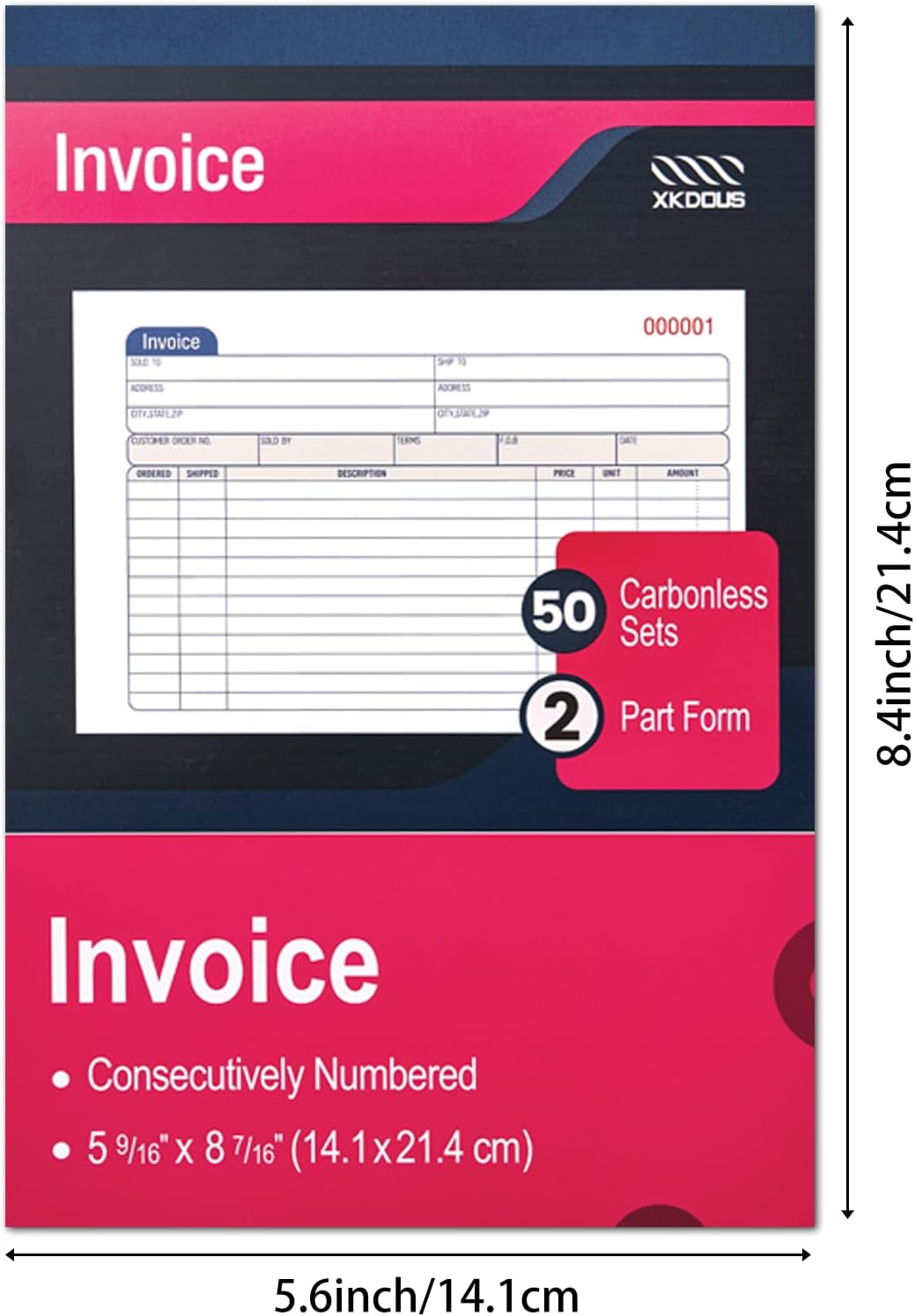 XKDOUS 2 Pack Invoice Book, 2-Part Carbonless, 5-9/16" x 8-7/16" Invoice Receipt Book for Small Business, 50 Sets per Book