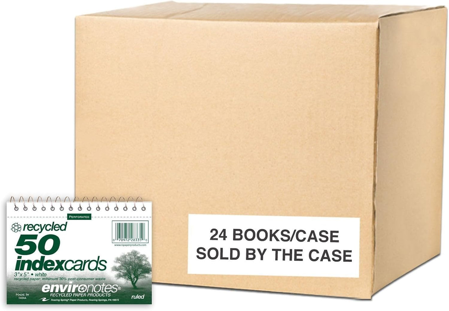 Roaring Spring Wirebound Spiral Bound Recycled Index Cards 3"x5", 50 Count, 100# White Paper, Narrow Ruled, Perforated, Blank on Back, Snag-proof (Pack of 1)
