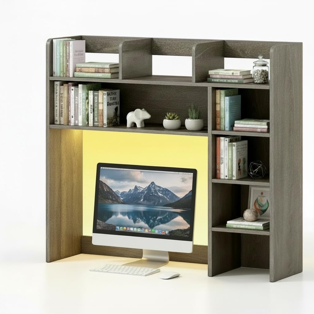 Tangkula Desktop Bookshelf, Countertop Storage Hutch with 5 Shelves for Computer Desk, Desk 3-Tier Display Rack, Multipurpose Wood Desktop Hutch Storage Organizer for Dorm Office Home
