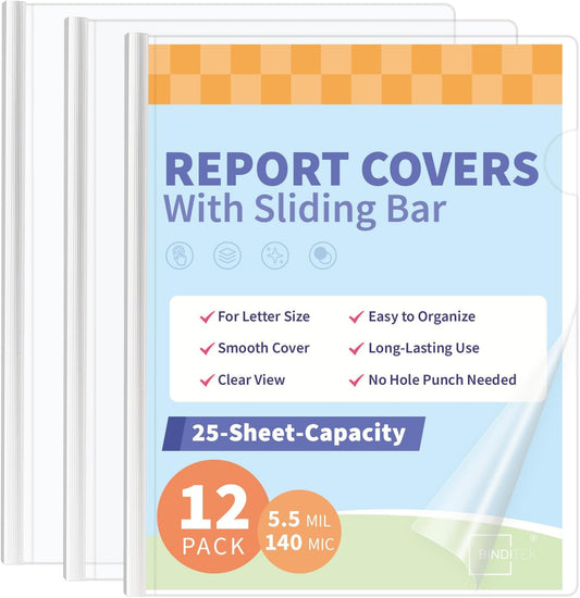Binditek 12 Pack Clear Report Covers with Sliding Bars, 9mm Sliding Bar File Folder, 70 Sheet Capacity, Letter Size, 5.5 Mil Thick, White, for Students and Coworkers