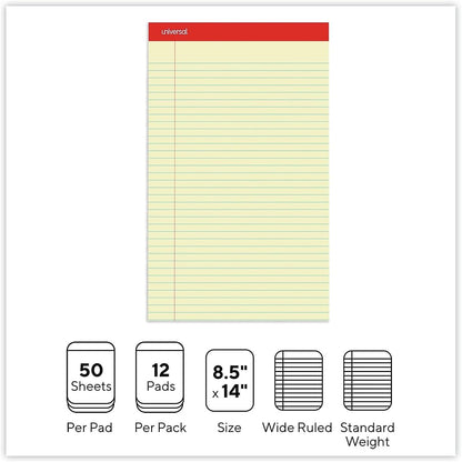 Universal 40000 Perforated Edge Writing Pad, Legal/Margin Rule, Legal, Canary, 50 Sheet (Pack of 12)
