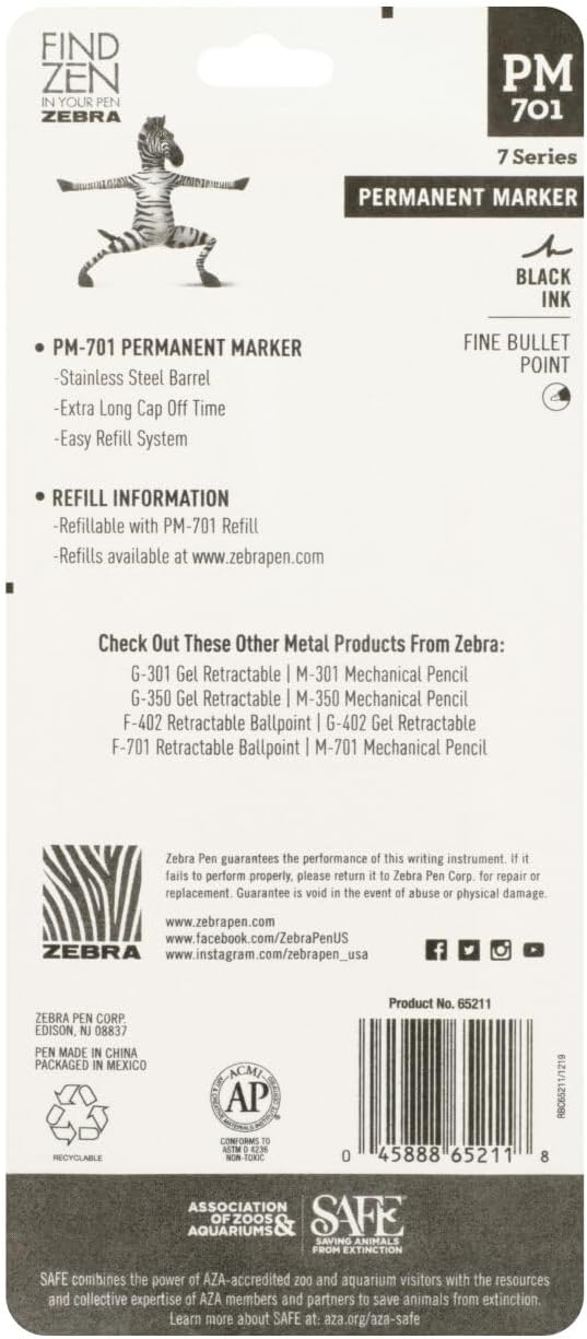 Zebra Pen, PM-701 Permanent Marker, Fine Bullet Point, Black Ink, Stainless Steel Barrel, Refillable, Includes 1 Refill, Cap Off Time of 120 Hours, 1-Pack (65211)