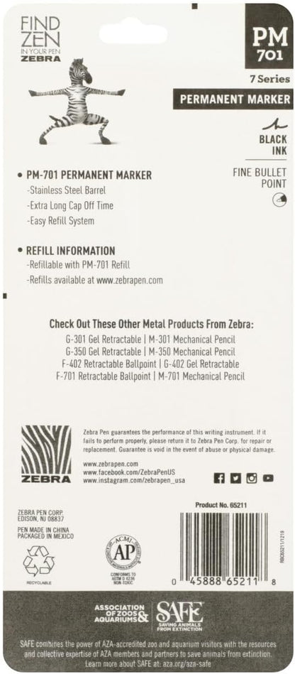 Zebra Pen, PM-701 Permanent Marker, Fine Bullet Point, Black Ink, Stainless Steel Barrel, Refillable, Includes 1 Refill, Cap Off Time of 120 Hours, 1-Pack (65211)