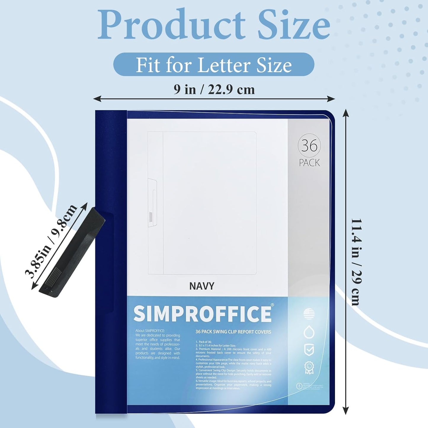 36 Pack Swing Clip Report Covers, Plastic Presentation Folders with Clip for Professional Use, Clear Front and Navy Blue Frosted Back, 9 x 11.4 Inches for Letter Size