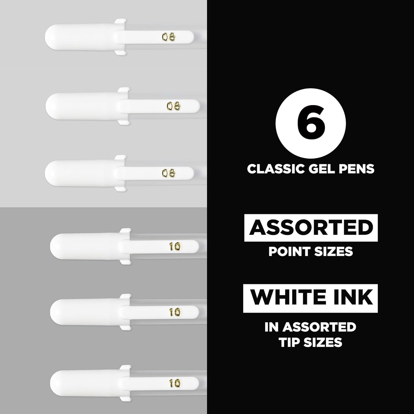 SAKURA Gelly Roll Classic Gel Pens, Opaque White Ink, Ass't Tips 05/08/10, 6 PK 57461