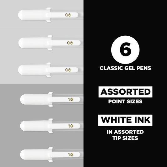 SAKURA Gelly Roll Classic Gel Pens, Opaque White Ink, Ass't Tips 05/08/10, 6 PK 57461
