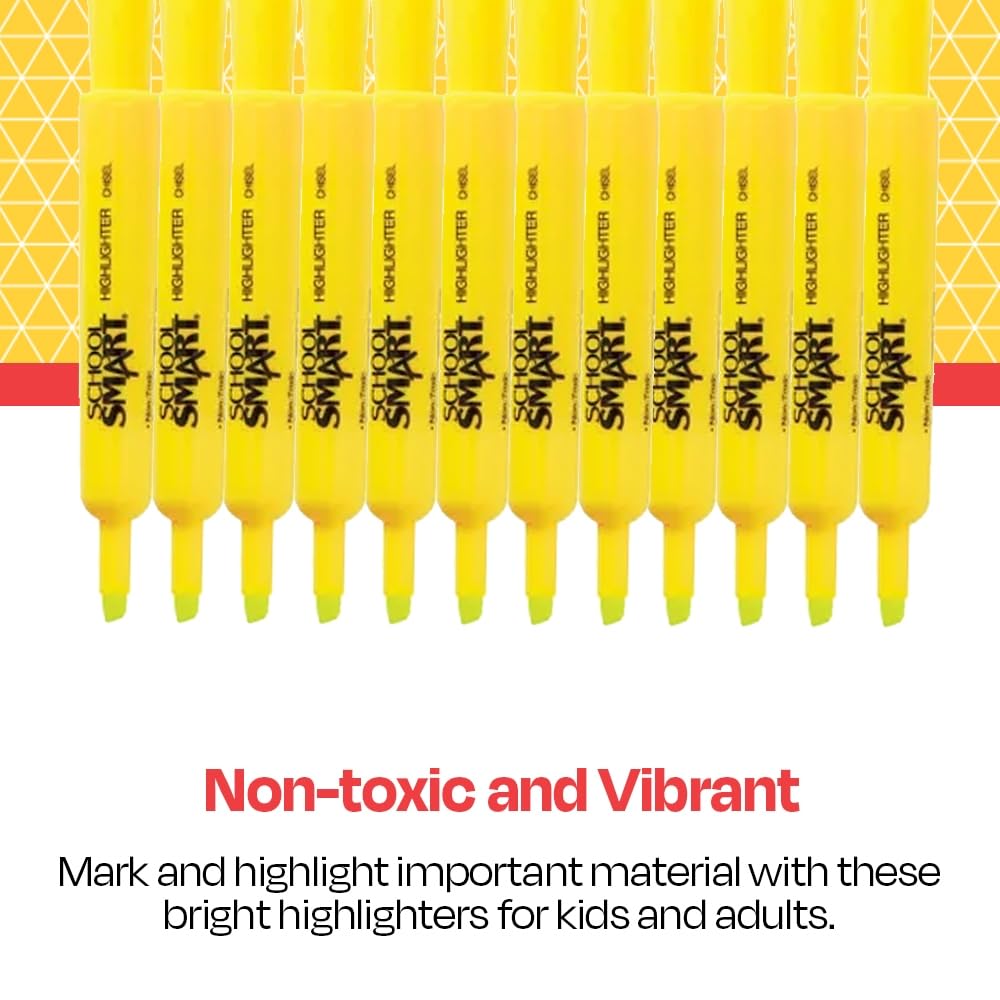 School Smart Tank Style Highlighters, Chisel Tip, Yellow, Pack of 12