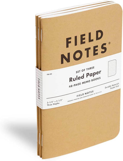 Field Notes: Original Kraft 3-Pack - Mixed Paper (1 Graph/Grid, 1 Ruled/Lined, 1 Plain/Blank) Memo Books - 48 Page Pocket Notebooks - 3.5" x 5.5"