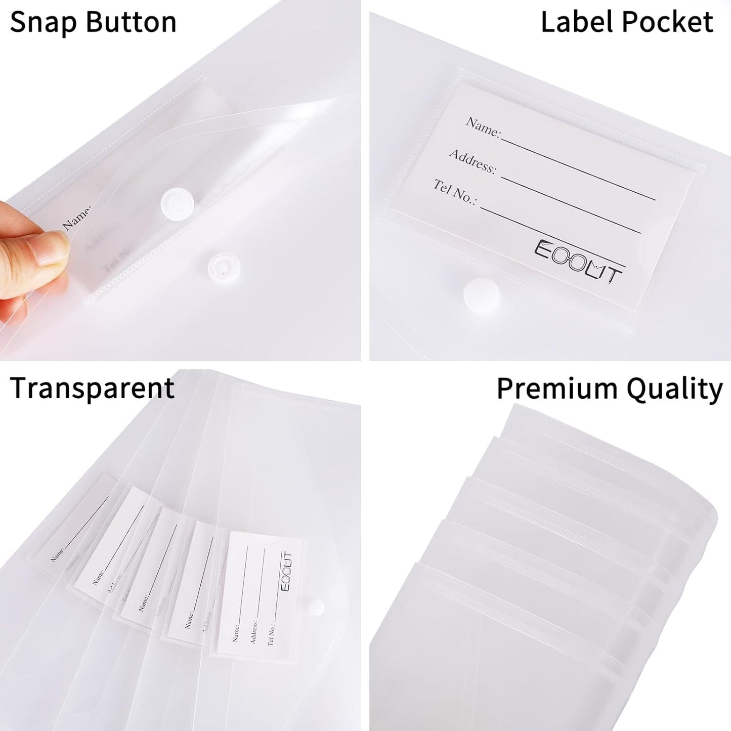 EOOUT 50pcs Plastic Envelopes with Button Snap Closure, Clear Poly Folders for Documents, Waterproof Plastic File Folder, Letter Size, A4 Size, for School and Office Supplies