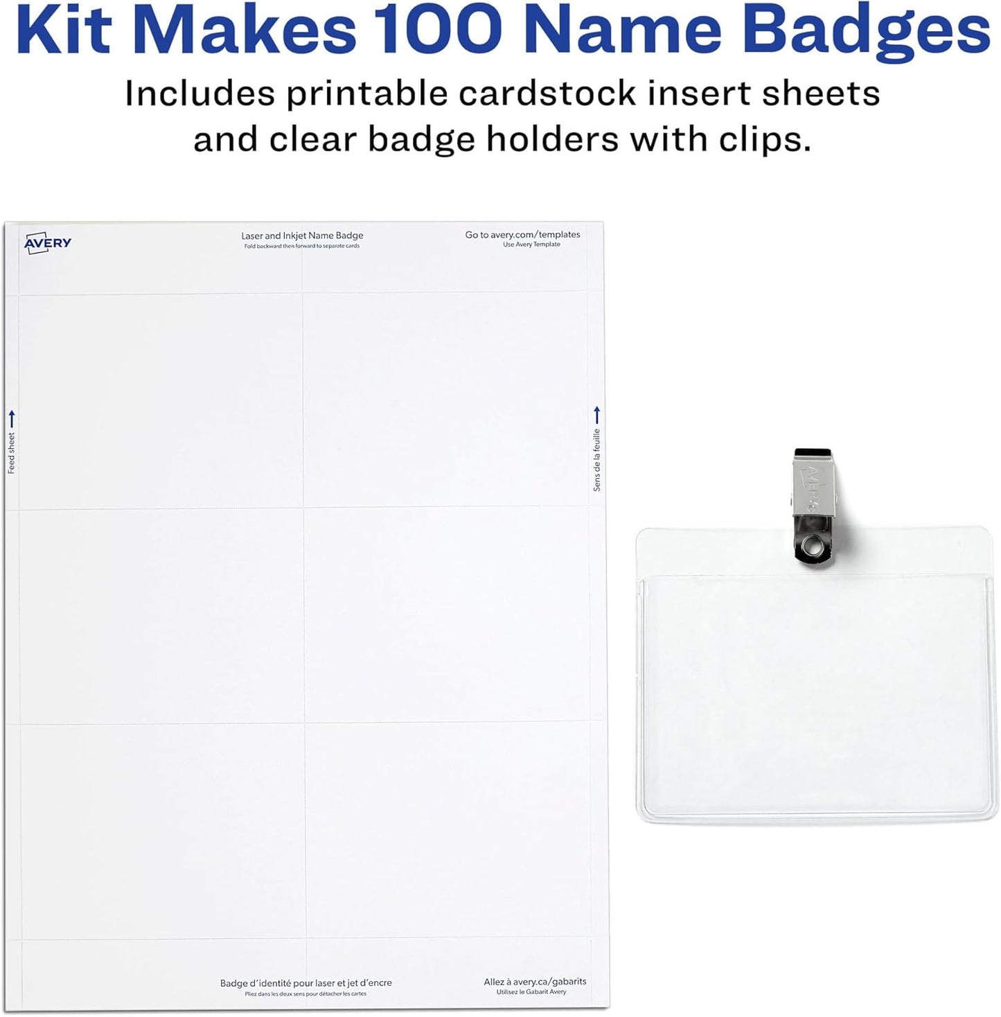 Avery Customizable Name Badges, Clip Style, 2.25" x 3.5", Clear Name Tag Holders, White Laser/Inkjet Printable Inserts, 100 Total (74461)