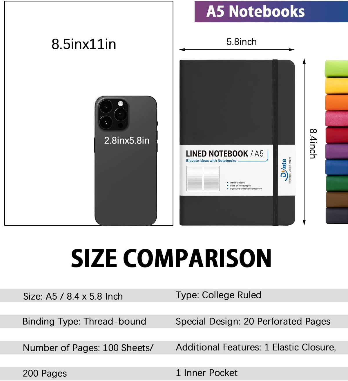 Dynta Hardcover Journal Notebooks, 10 Packs A5 Lined Journals Bulk for Writing 200 Pages/100Sheets, 8.4 x 5.8 inch, 10 Colors Classic Ruled Notebook for Work/Travel/College/Note Taking