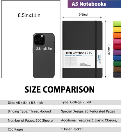 Dynta Hardcover Journal Notebooks, 10 Packs A5 Lined Journals Bulk for Writing 200 Pages/100Sheets, 8.4 x 5.8 inch, 10 Colors Classic Ruled Notebook for Work/Travel/College/Note Taking