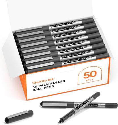 Shuttle Art RollerBall Pens, 50 Pack Black Fine Point Roller Ball Pens, 0.5mm Liquid Ink Pens for Writing Journaling Taking Notes School Office