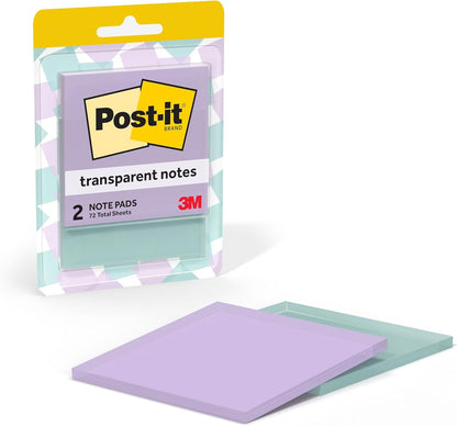 Post-it Transparent Notes, 2.8 in. x 2.8 in., Blue, Pink, Green and Orange Sticky Notes, School Supplies, Office Products, Great for Studying, 8 Pads