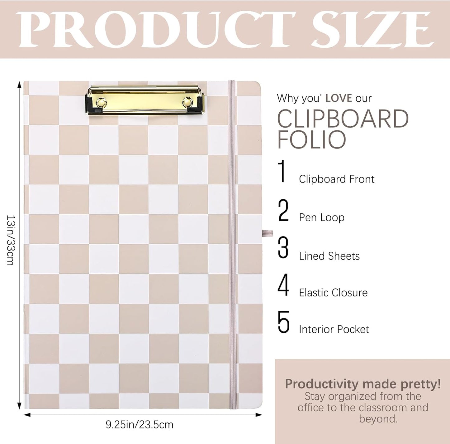 Affrolling Checkered Clipboard Padfolio with Refillable Lined Notepad and Interior Storage Pocket, Portfolio Folder Organizer Legal Pad Holder for Work Business Office(Brown)