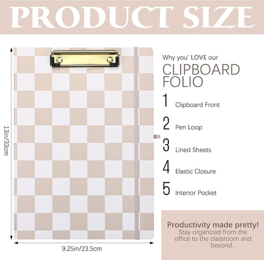 Affrolling Checkered Clipboard Padfolio with Refillable Lined Notepad and Interior Storage Pocket, Portfolio Folder Organizer Legal Pad Holder for Work Business Office(Brown)