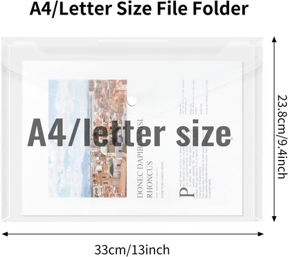 EOOUT 50pcs Plastic Envelopes with Button Snap Closure, Clear Poly Folders for Documents, Waterproof Plastic File Folder, Letter Size, A4 Size, for School and Office Supplies