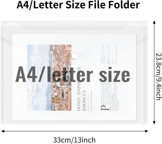 EOOUT 50pcs Plastic Envelopes with Button Snap Closure, Clear Poly Folders for Documents, Waterproof Plastic File Folder, Letter Size, A4 Size, for School and Office Supplies