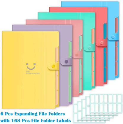 Selizo 6 Pcs Expanding File Folder with 5 Pockets Organizer Plastic A4 Size and 168 Pcs File Folder Labels for School Teacher and Office