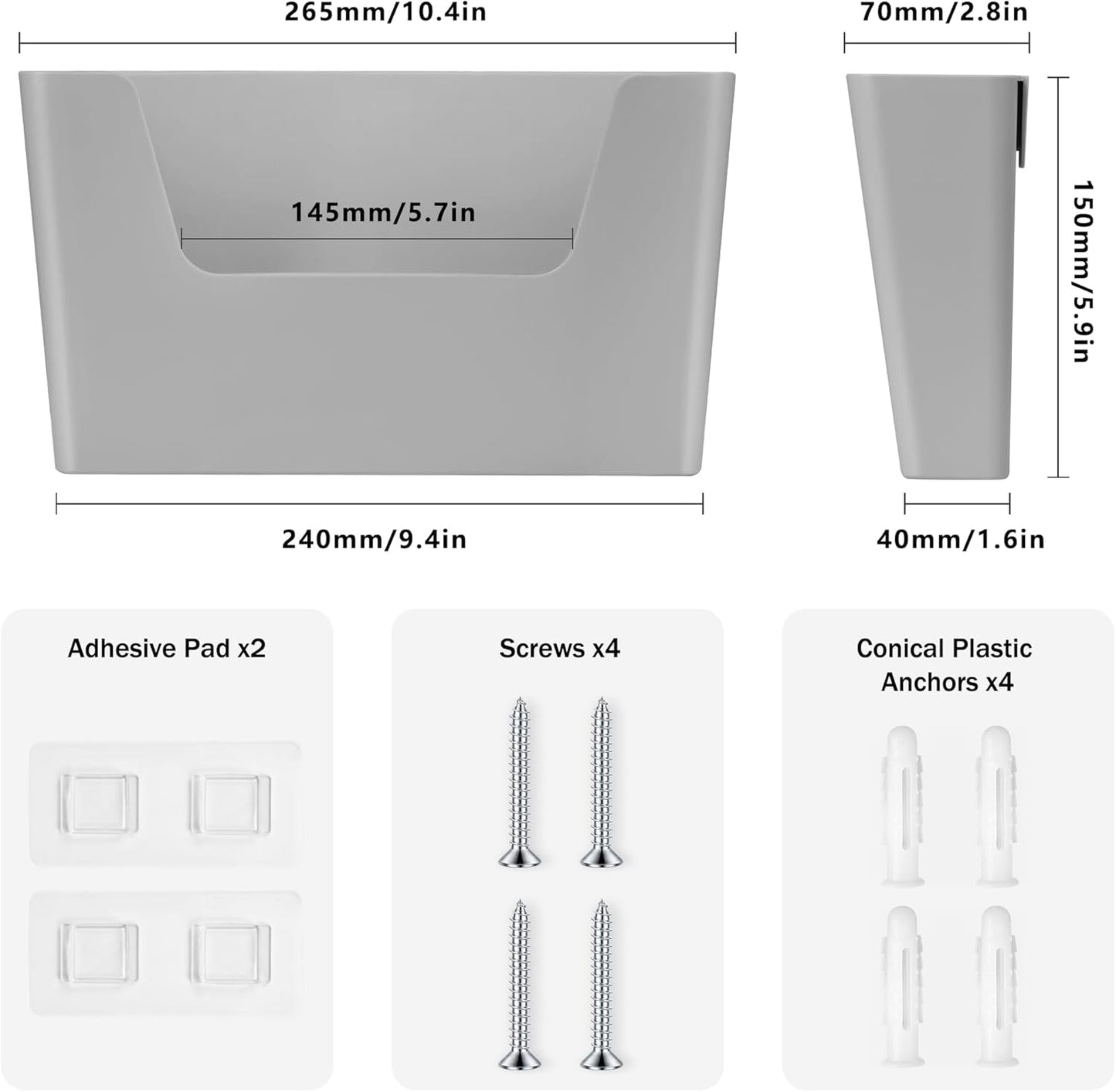 Jomola No Drilling Wall Mount File Holder - Office Wall Hanging Files & Magazines Organizer - Plastic Door Mount with Adhesive Pad, Gray (1 Count)