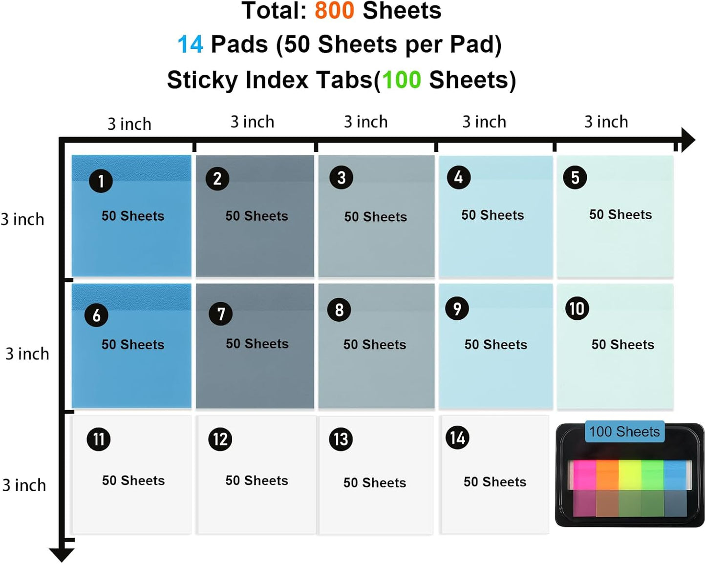 800 Sheets Transparent Sticky Notes, 3x3 Inch 14 Pads Self-Adhesive Translucent Clear See Through Post Sticky Notes for Planner Office School College Teacher Student Supplies 6 Bright Color