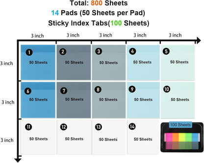 800 Sheets Transparent Sticky Notes, 3x3 Inch 14 Pads Self-Adhesive Translucent Clear See Through Post Sticky Notes for Planner Office School College Teacher Student Supplies 6 Bright Color