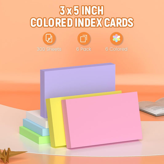 300 Count Blank Colored Index Cards 3 x 5 Inch, Blank Flash Cards for Back to School,home and Office Supply, Portable Colorful Study Flashcards Ideal for To-do Lists, Grocery Lists, Recipes and Exams