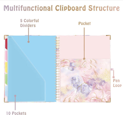 HAUTOCO Clipboard Folio with Refillable Notepad for Letter Size (11" x 8.5"), 5 Dividers with 10 Pockets, Elastic Pen Holder and File Folder Labels, Spiral Nurse Clipboard Artboard(Green)