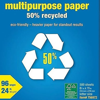 Staples 100% Recycled 8.5-Inch x 11-Inch Copy Paper 20 lbs 92B 500/Ream 10 Ream/Count, For Office, School & Home