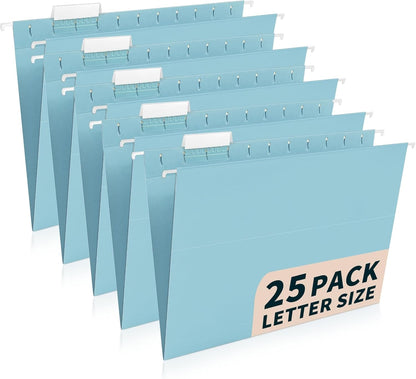 25-Pack Green Hanging File Folders, Letter Size (8.5" x 11") with 1/5-Cut Tabs,Includes 35 Transparent Label Cards & 50 Sticker Labels for Home & Office Organization