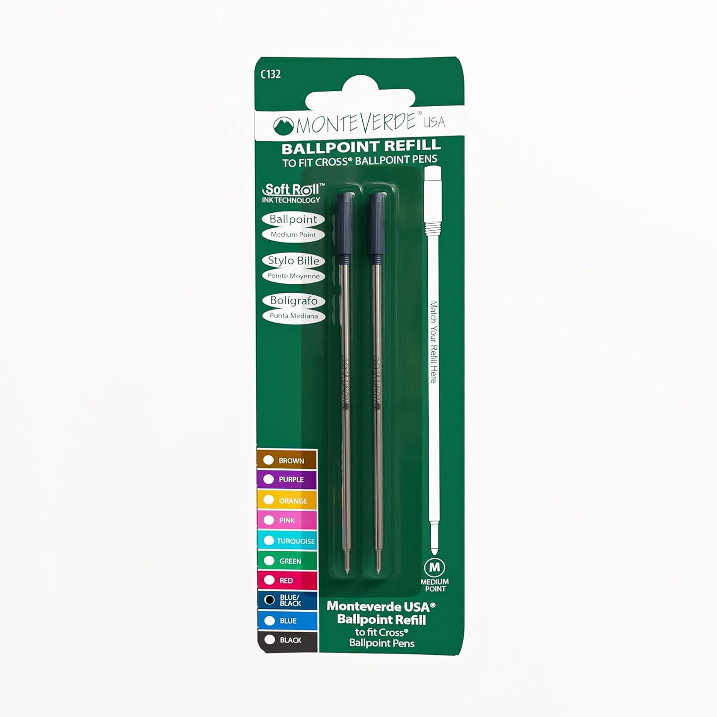 Monteverde USA Soft Ballpoint Refills to Fit Cross Pens, Medium Point, Blue/Black Ink, 2-Pack – Dual-Tone Ink for Professional Writing