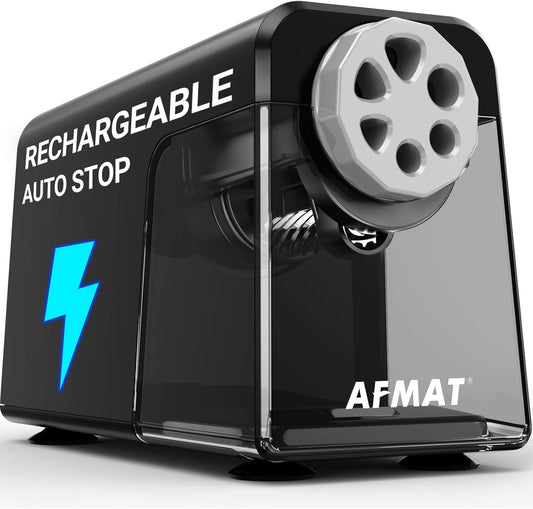 AFMAT 6-Hole Electric Pencil Sharpener Heavy Duty, Pencil Sharpener for Classroom, Cordless &Rechargeable, Colored Pencil Sharpeners for 6-11mm Pencils, Auto Stop, Super Fast, 10,000+ Sharpenings PSD1