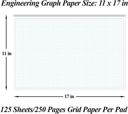 Yaridar (3-Pack) Engineering Graph Paper Pad - 17" x 11" Grid Paper for Engineering, Drafting, Blueprint Drawing, 75 Sheets/150 Pages 4x4 Blue Quad Rule by Better Office Products