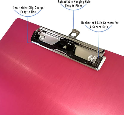 Aluminum Metal Clipboard Stainless Hangable Pen Holder Low-Profile Clip Board Size A4 9" x 12.6" with Sticky Note for School Office Business Medical Professionals Workshop Factory (Pink, Aluminum-A4)
