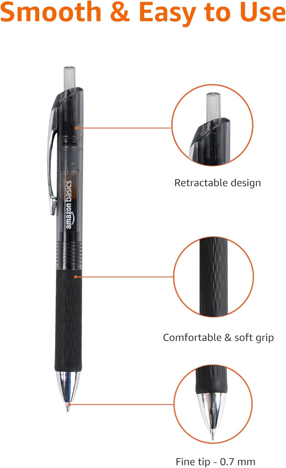 Amazon Basics Retractable Gel Pens, Fine Point 0.7mm, Smooth Writing, Assorted Colors, 12-Pack