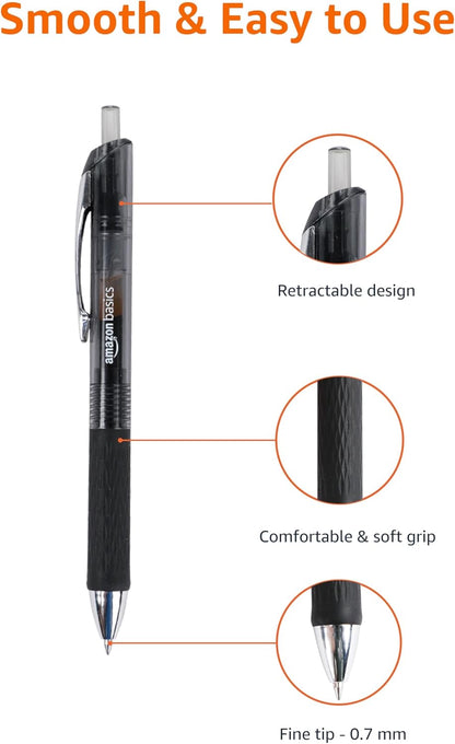 Amazon Basics Retractable Gel Pens, Fine Point 0.7mm, Smooth Writing, Assorted Colors, 12-Pack