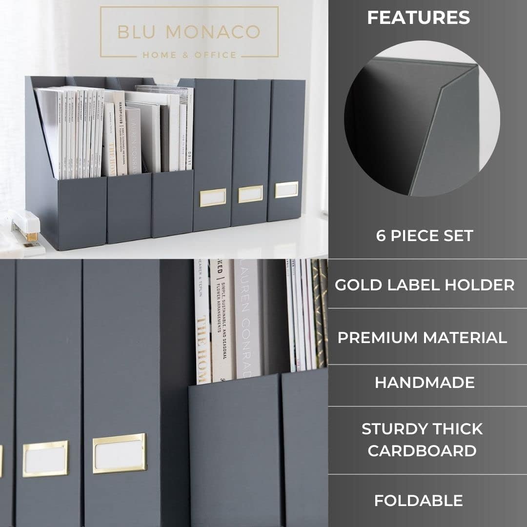BLU MONACO Foldable Black Magazine File Holder | Set of 6 Cardboard Desk Organizer Boxes | Vertical Magazine File Holder | Standing File Holder | Office Classroom or Home