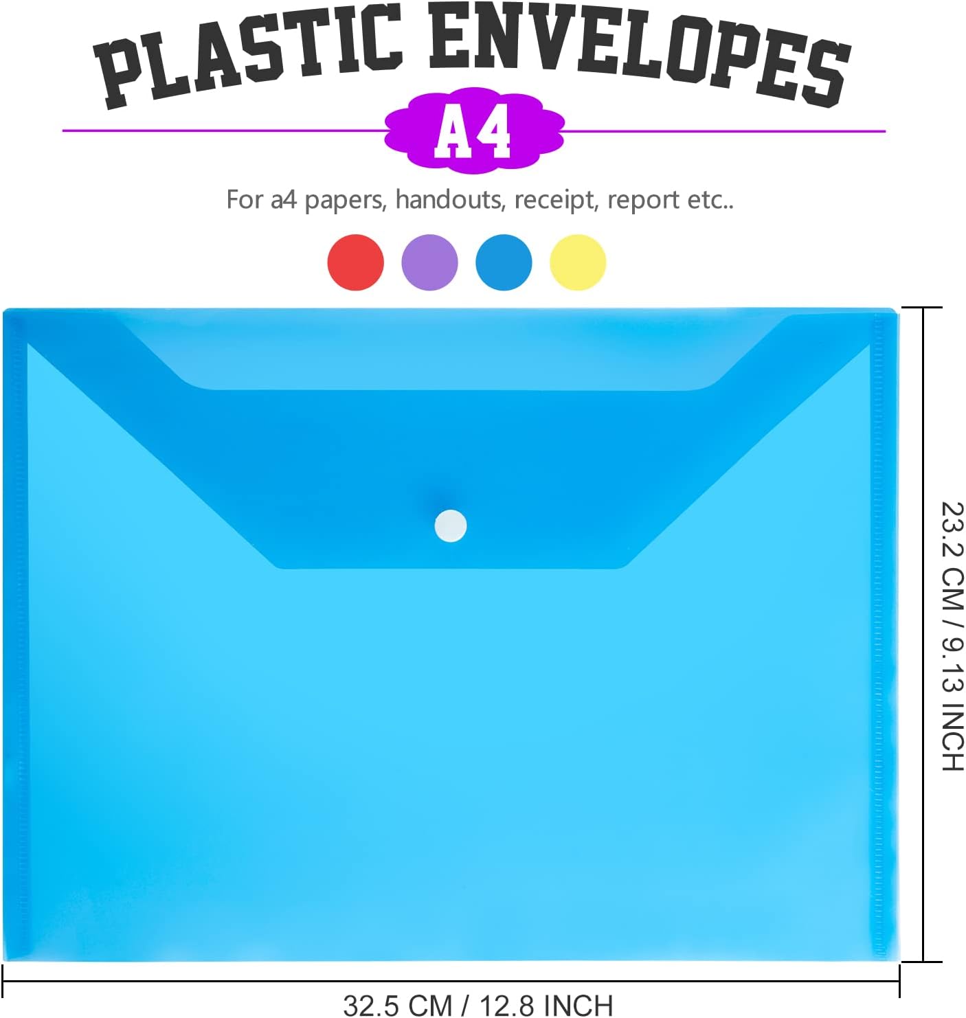 LEOBRO File Folders, 24 PCS Plastic Folders for Documents, A4 Plastic Envelopes with Snap Closure, Letter Size Clear Envelopes Folders, Reusable File Bags, Document Holder