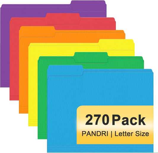 File Folder, PANDRI 270 Pack Colored File Folder, 1/3 Cut Tab, Letter Size, Assorted 12 Colors Filing Folder for Office School Business