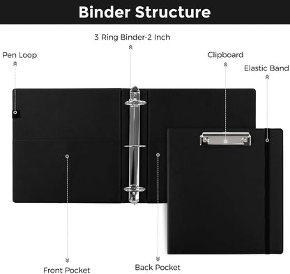 SKYDUE 3 Ring Binder with Clipboard,1 Inch Binder, 13.2" × 10.2" PU Clipboard Binder with Notepad & 5 Dividers with 5 Pockets, Labels, Clipboard Folder Great for School Office(Fit Letter Sized Paper)